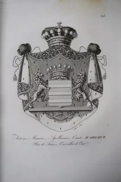 Gravure Blason Heraldique Comte D'argout Finance Armoiries Restauration 1815