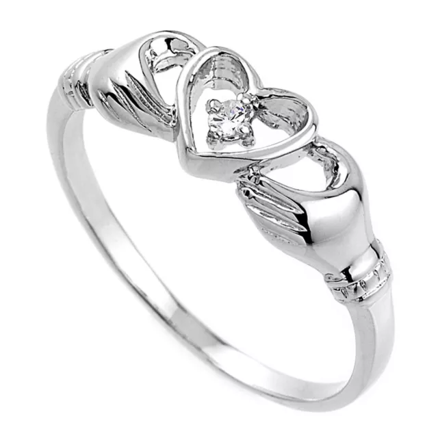 14K Plaqué or Blanc Solitaire Simulé Diamants Claddagh Fiançailles Bague