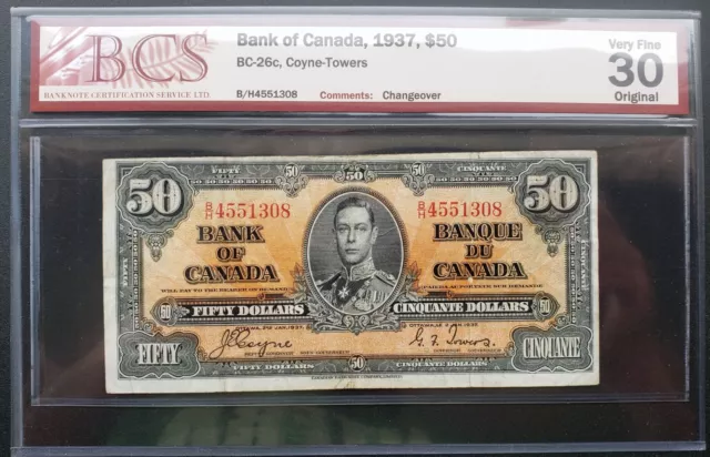 1937 Bank of Canada $50 Coyne-Towers Signature B/H4551308 VF30 Original BC-26c