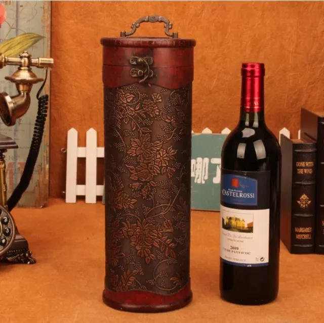 Retro Vintage Cylinder  Metal Wood Wine Storage Gifting Carrying Case