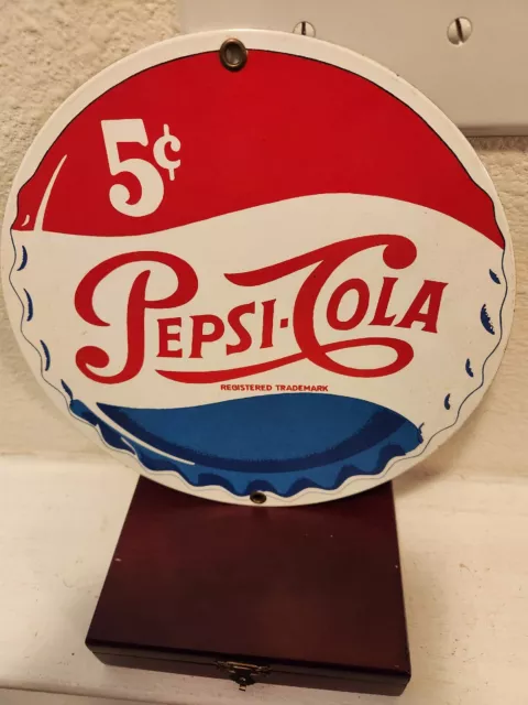 Pepsi - Cola 5 Cents Porcelain 8 " Round Sign