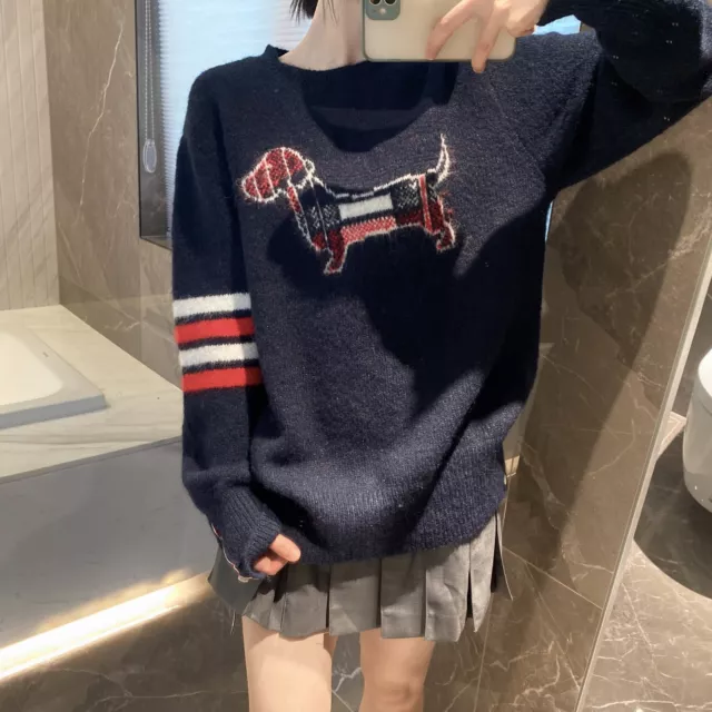 Women's Thom Browne Dog Pattern Retro Pullover Knitwear Tops Sweater