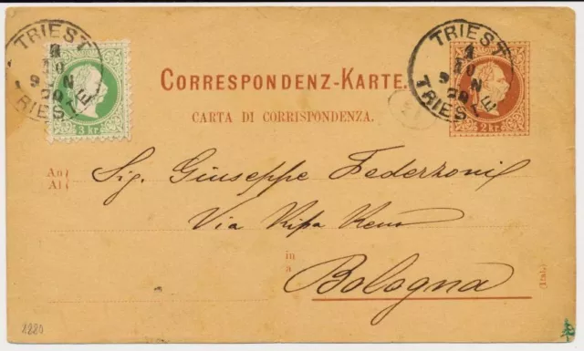 ÖSTERREICH EX PROVERA 1880 2kr Korr-Karte+3kr Marke, TRIEST (Kü) nach BOLOGNA.