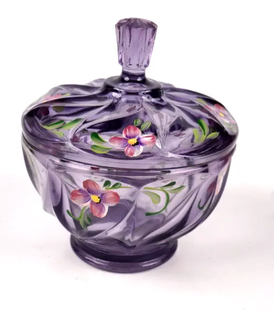 Fenton Purple Glass Candy Dish W Lid; Hand Painted; Signed 6"H by 4.5"W