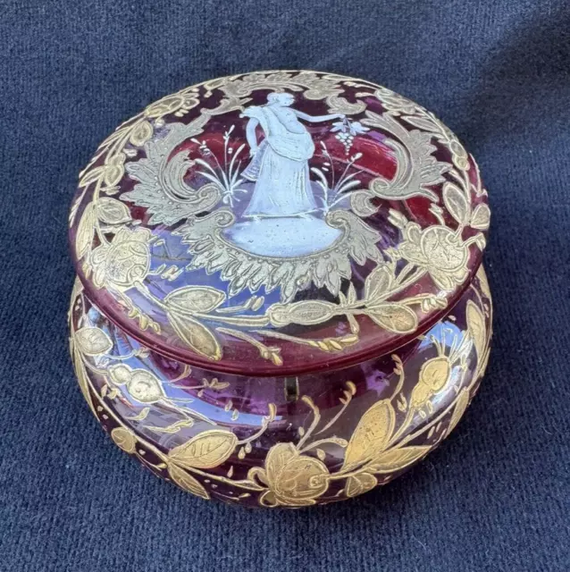 Bohemian Hand Painted Cranberry Glass Jewelry Trinket Box Mary Gregory Style