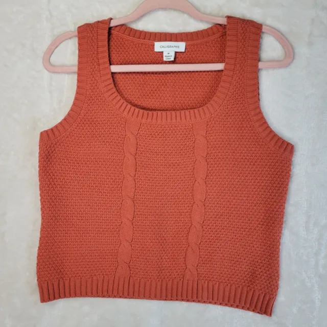 Calligraphie M Woman's Orange Knit Sweater Vest Cable Knit Sleeveless