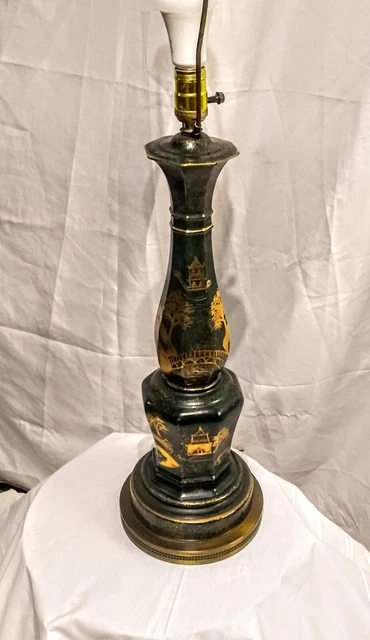 Vintage Oriental Accent Green Porcelain Table Lamp Gold Pagodas & Mt. Fuji