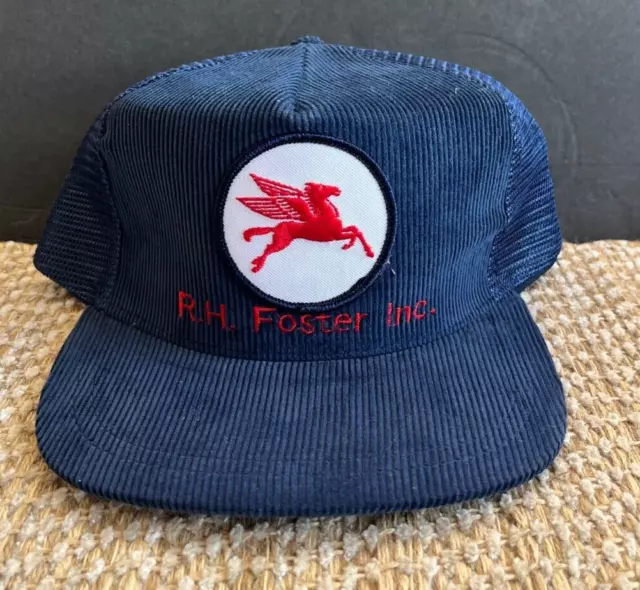 Vintage Mobil Oil & Gas Pegasus Patch Hat Made in USA Corduroy Mesh Snapback Hat