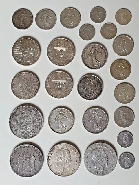 Lot de pièces de monnaie en argent diverses  261 gr Francs Euros et autres 3