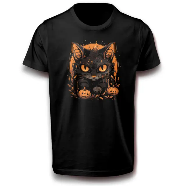 Halloween Schwarze Katze mit Katzenkürbissen T-Shirt 110 - 3XL Baumwolle Fun