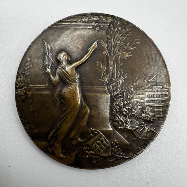Médaillon Art Nouveau En Bronze 'Le Matin' - Courage Travail Patrie Par Riberon - XXème Siècle
