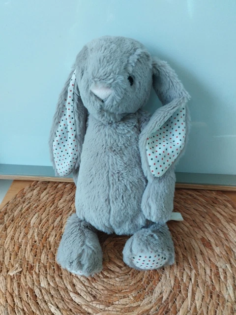 Doudou peluche lapin gris nez rose pois gris rouge DAMART