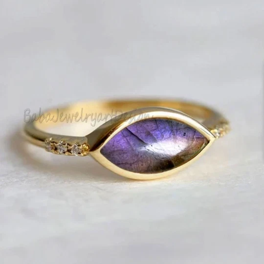 Purple Labradorite Ring 925 Sterling Silver Marquise Pinky Rings Gift for Her