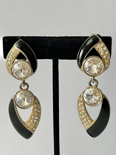 Vtg Bijoux Design New York Clip On Earrings Gold Tone Black Enamel & Rhinestone