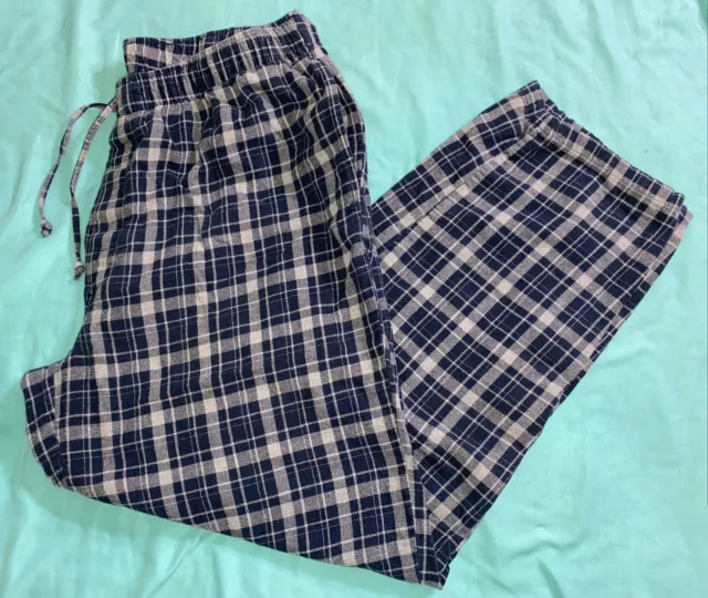 Lands End Mens Flannel Blue Gray Plaid Pajama Pants Lounge Sz Large Button Fly