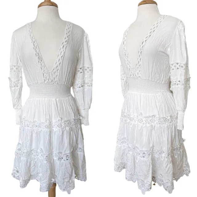 CBR White Eyelet Puff Sleeve Tiered Fit and Flare Dress Size Medium Cottagecore