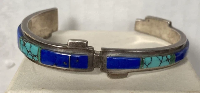 Vtg Duran Zuni Sterling Silver Petite Cuff Bracelet With Lapis & Turquoise Inlay