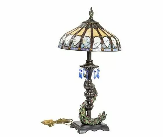 Lampada Tiffany da tavolo con pavone colore bronzo e vetro azzurro e ocra