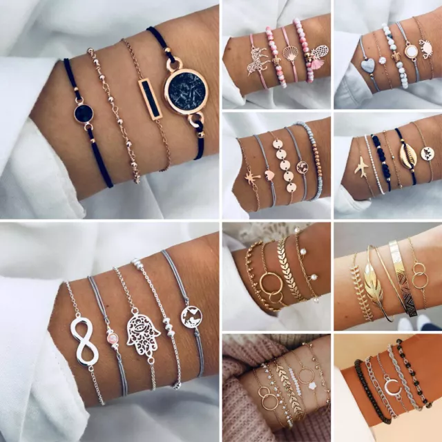 Hot Multilayer Women Boho Beaded Stone Bracelets Bangle Rope Chain Jewellery Set