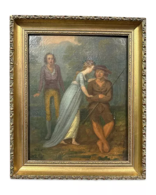 19thC Antique VICTORIAN Allegorical LADY FLIRTING w/ SHEPHERD Folk Art PAINTING