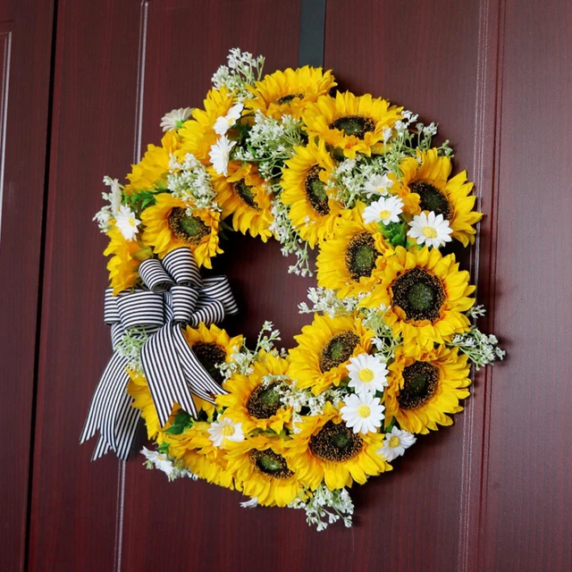 Couronne De Porte Printemps 35 Cm Fleurs Sauvages Artificielles - Décoration Murale Extérieure Et Intérieure Pleine De Vie