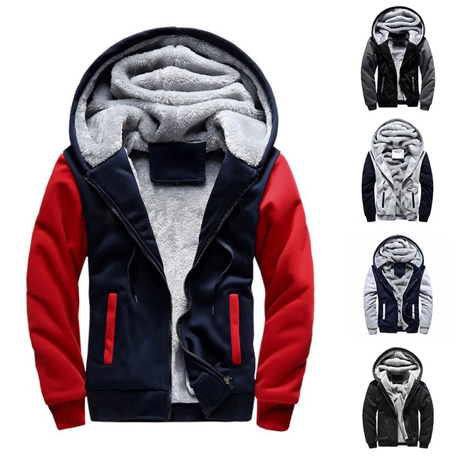 Men Winter Warm Sherpa Fleece Hoodie Zip UP Sweater Jacket Fur Lined Hooded Coat