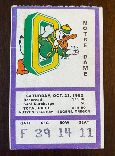 1982 Notre Dame Fighting Irish vs Oregon Ducks Football Ticket Stub 13-13 Tie