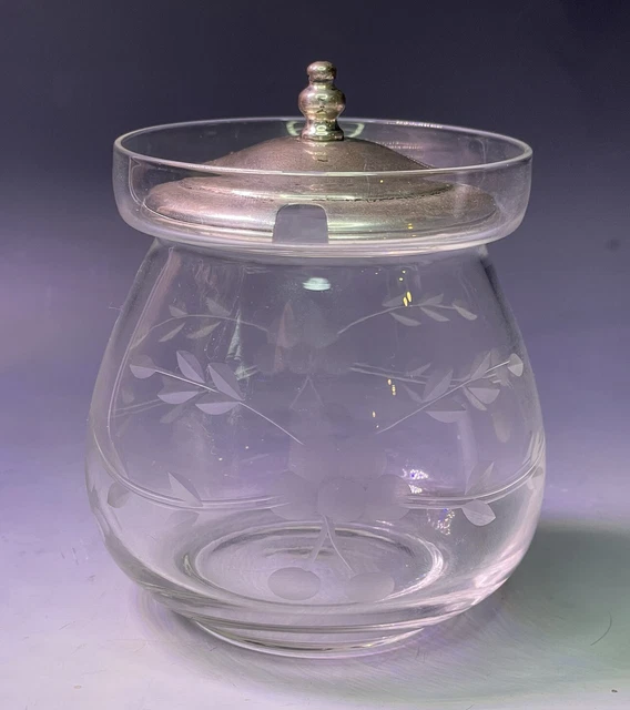 Antique 20th C Watson Sterling Silver Etched Glass Condiment Jelly Jar Container