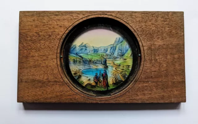 Antique Victorian Hand Painted Magic Lantern Glass Slide Mounted In Wood 2