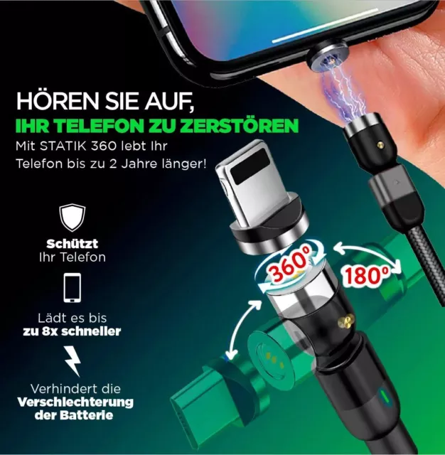 STATIK 360 Kabel Magnetisches 3 IN 1 Ladekabel Schnelladekabel USB C iPhone iPad