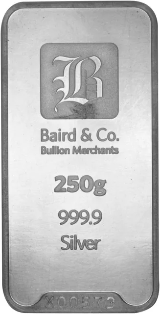 250 grams 999.9 Silver Baird & Co Bullion Merchants Certified Ingot Bar