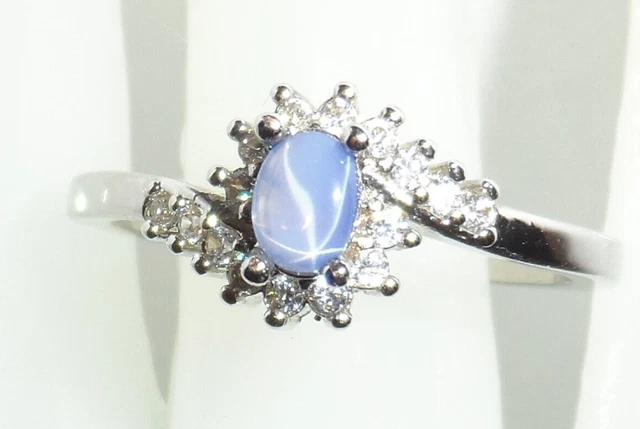 Natural Blue Star Sapphire 0.75 Cts Six Rays and CZ Ring Sz 12