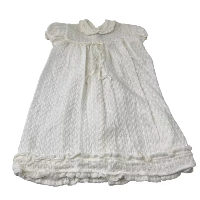 Vintage Knit Baby Christening Gown Dress Winter White Collar Gathered Long
