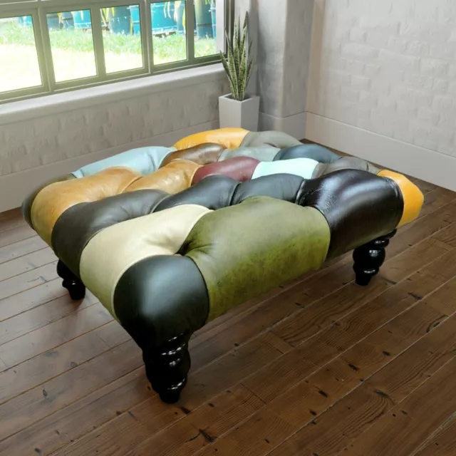 Queen Anne Chesterfield Leather Patchwork Foot Stool, Harlequin Footstool