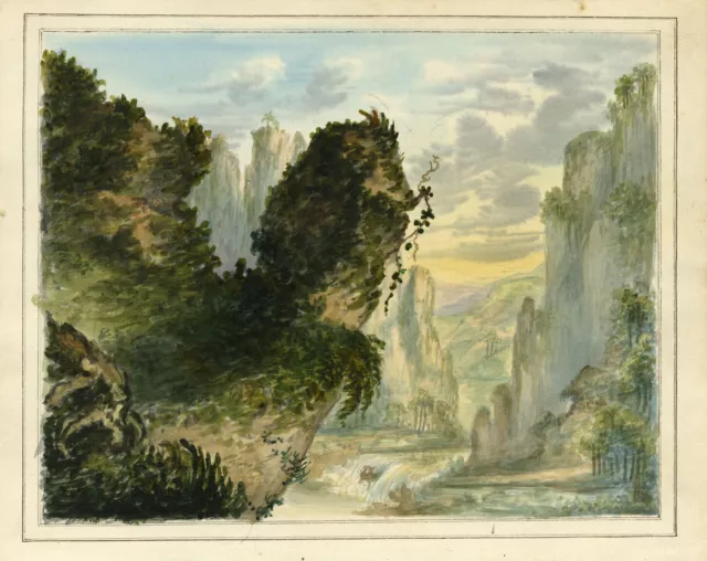 Rocky Gorge, India – Original early 19th-century watercolour painting