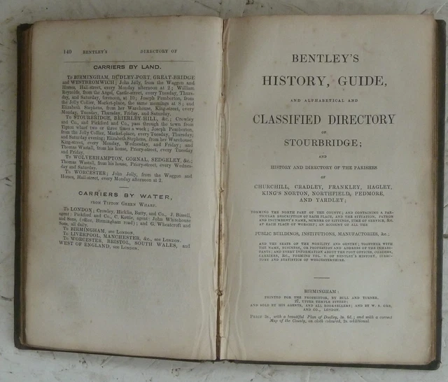 ANTIQUE BOOK C1840 Bentley's History &amp; Guide &amp; Directory Dudley and Stourbridge £60.00 - PicClick UK