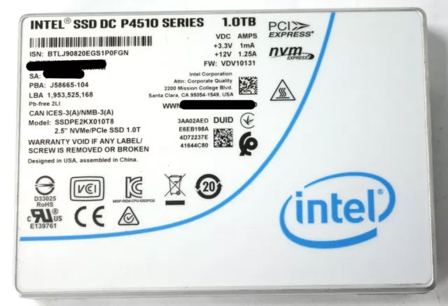 Intel DC P4510 1TB NVMe PCIe 3.1x4 3D TLC 2.5" 15mm SSD SSDPE2KX010T8