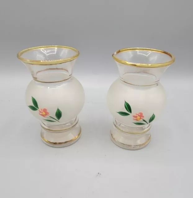 Vintage Glass Small Bud Vases Set of 2 Gold Trim ~ Flower  3 3/4” Tall