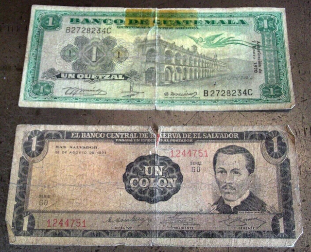 1970 Guatemala 1 Quetzal 1971-72 El Salvador 1 Colón 2 Diff Dates Same Banknote