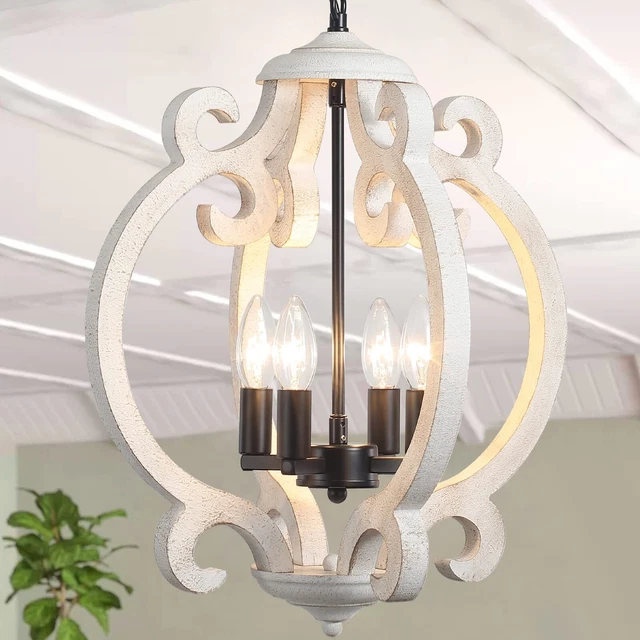 Farmhouse Wood Chandelier Pendant Light Kitchen Island White Fixture Lamp Foyer
