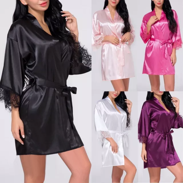 Femmes Dentelle Satin Robe en Soie Chemise de Nuit Longue Kimono Peignoir Pyjama