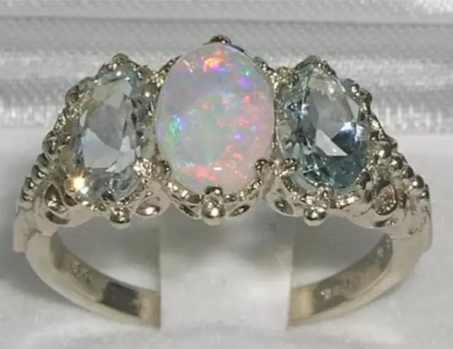 925 Sterling Silver Natural Opal & Aquamarine Victorian Inspired Trilogy Ring