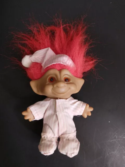 Vtg Russ Troll Doll 8" Bedtime Pink Pajamas with hat Red Hair and red eyes Rare