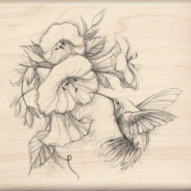 Humming Bird and Flower Wood Stamp for Arts and Crafts, 4.5'' W X 4.5'' L