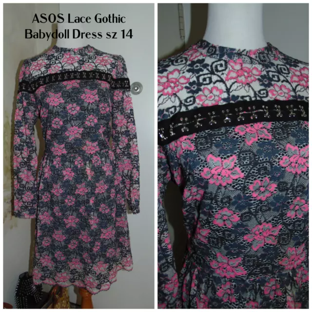 ASOS Gothic Pink & Black Lace Floral Y2K Layered Scalloped Eye & Hook Dress 14