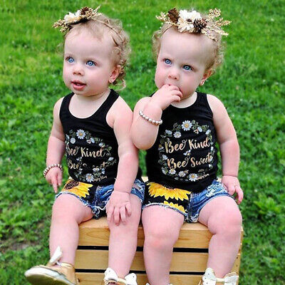 Toddler Kids Baby Girls Clothes Flower Sleeveless Top Denim Shorts Outfits Set