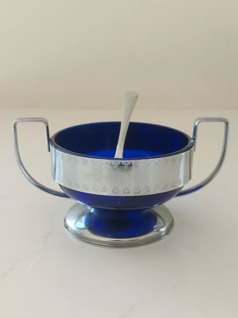 Vintage Cobalt Blue Glass Etched Stainless Steel Sugar Bowl Jam With Spoon