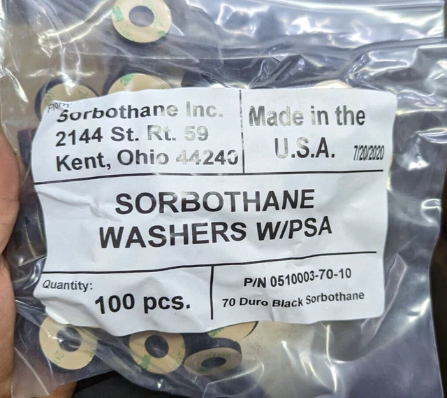 100-PCS Sorbothane Vibration Isolation Washer 70 Duro W/ Adhesive 0510003-70-10