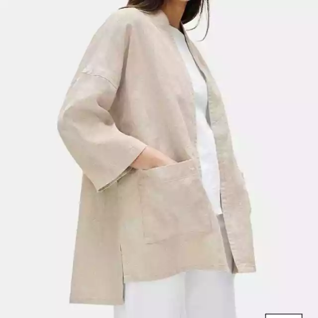 Eileen Fisher Organic Linen Relaxed Fit Open Front Jacket Natural Flax Beige PP