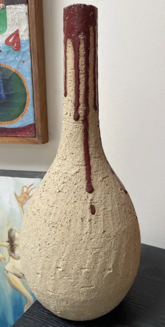 VTG MCM Handcrafted Stoneware Studio Pottery Vase With Drip Glaze LG & HEAVY EUC